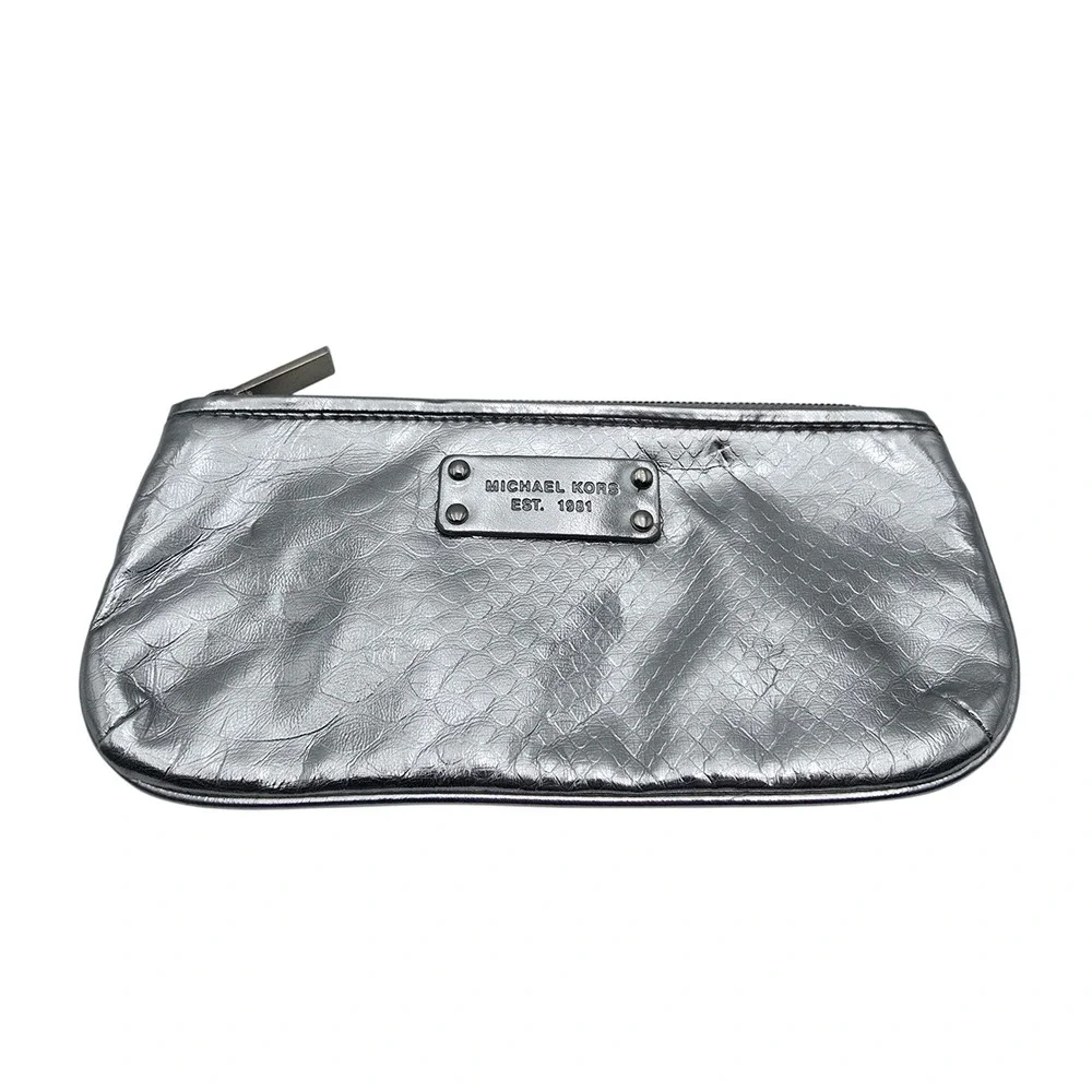 Michael Kors Silver Embossed Snakeskin Cosmetic Makeup Bag Pouch‎ Clutch